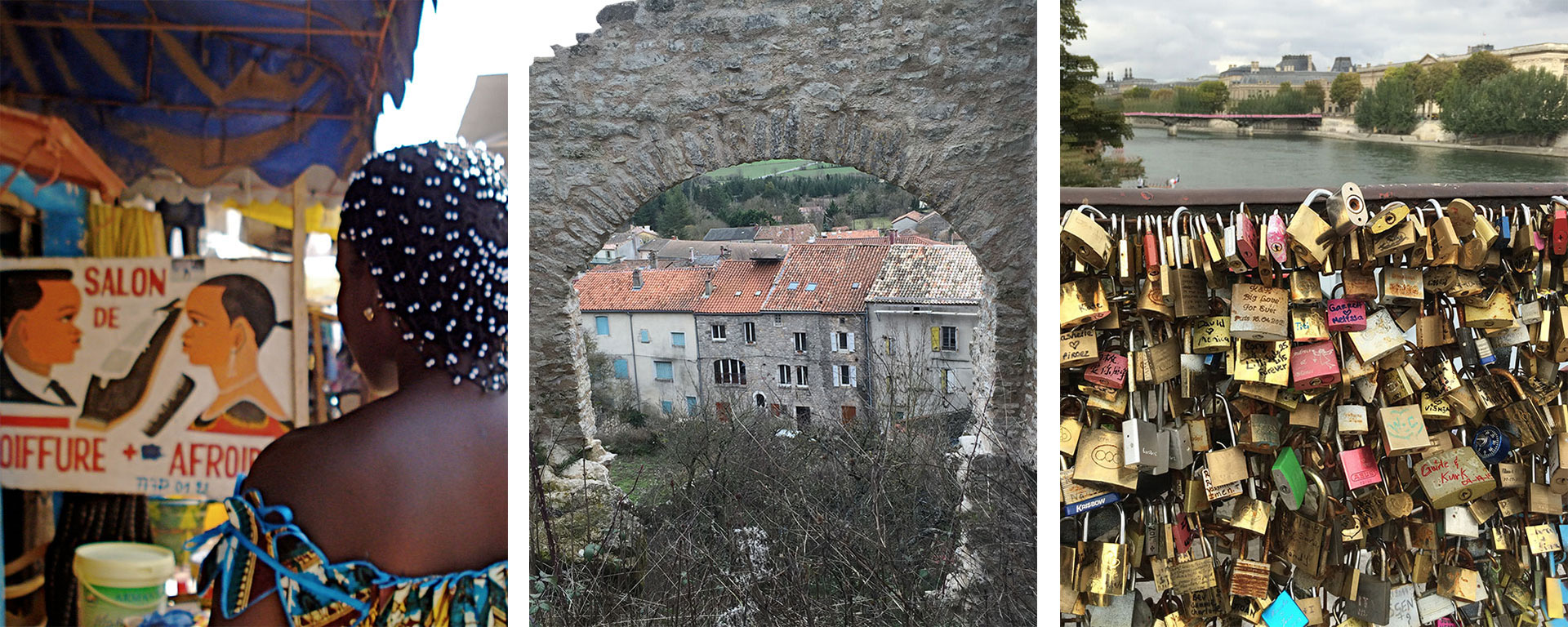 Three photos: The back of a woman's head in a Senegal market, the view of an old building through an arch ruin; locks on a bridge in Paris