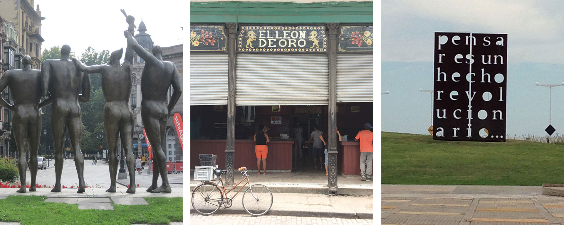 Three photos: A statue, from the back, of three naked men, a storefront in Cuba, a large metal statue with letters cut out