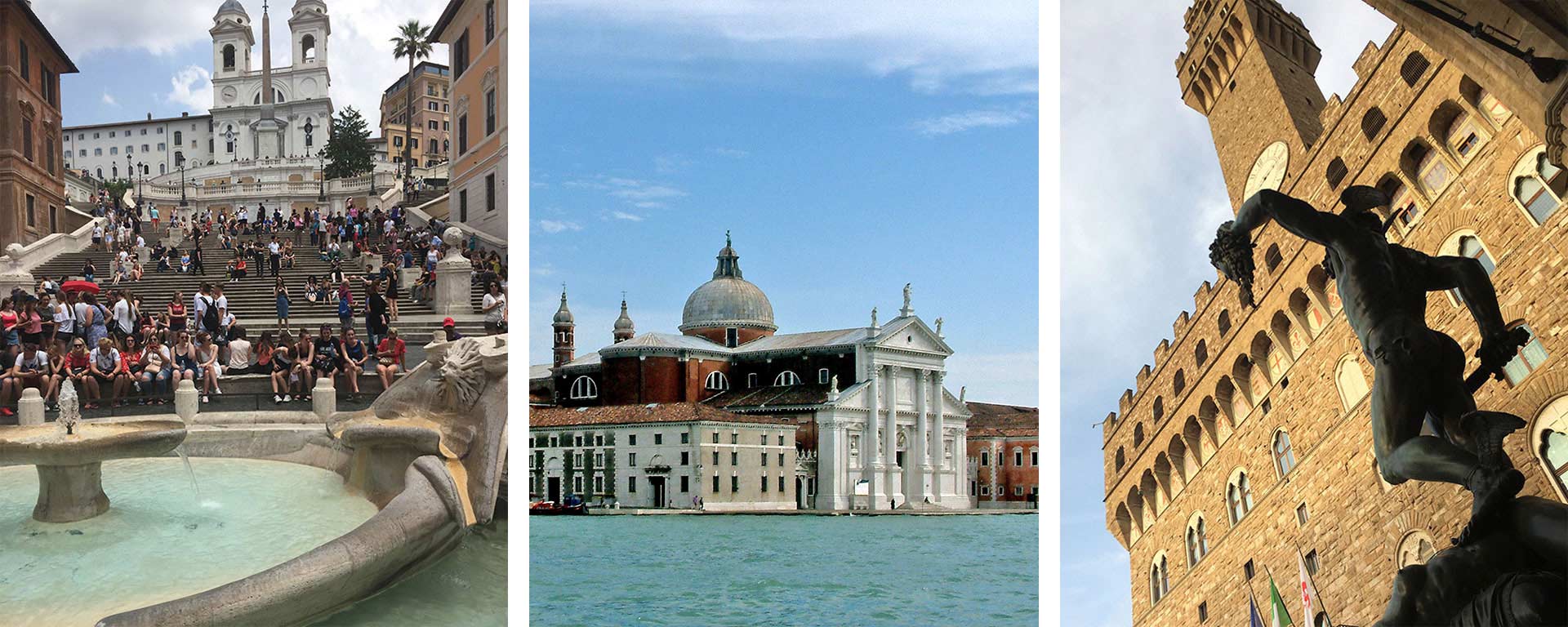 Three photos: Piazza di Spagna in Rome, Church of San Giorgio Maggiore in Venice, a statue in front of a building in Piazza della Signoria in Florence, Italy