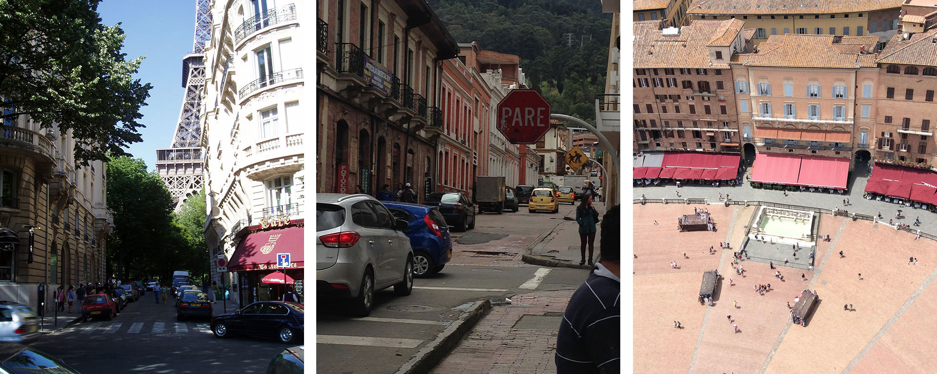 Three photos: A street in Paris, a street in Bogotá, Colombia, and an aerial view of a plaza in Siena, Italy