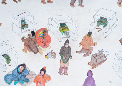 Colored pencil on ink on paper of Native Alaskans