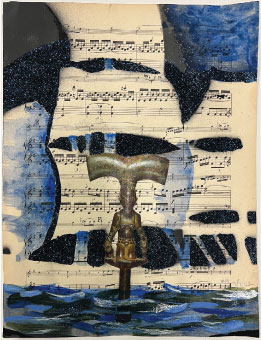 Gouache, collage, and glitter on sheet music