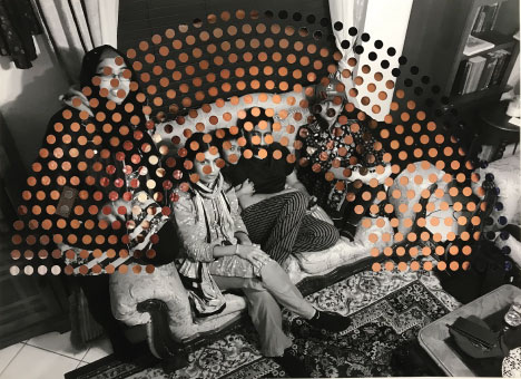 Archival inkjet print of a family on paper with cutouts, leather