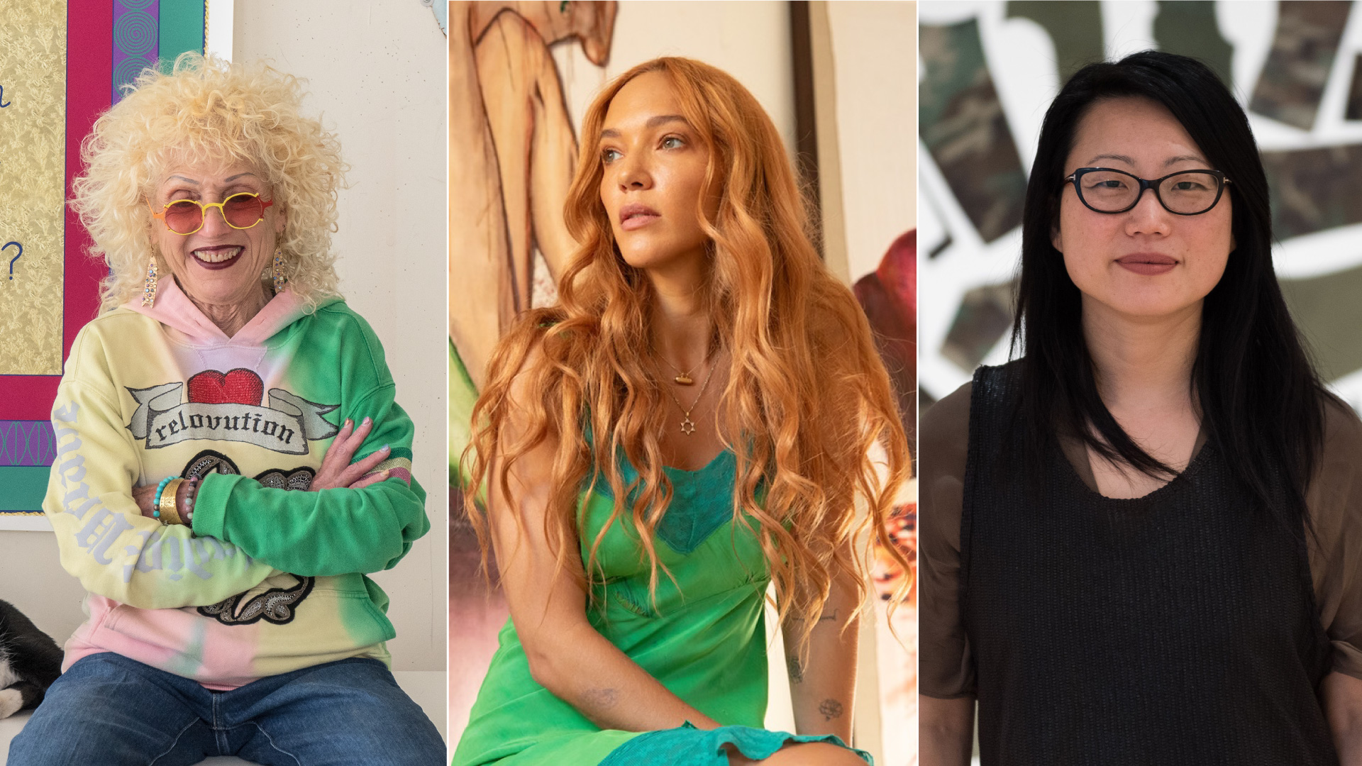 Photos of Judy Chicago, Zoë Buckman, and Jean Shin.