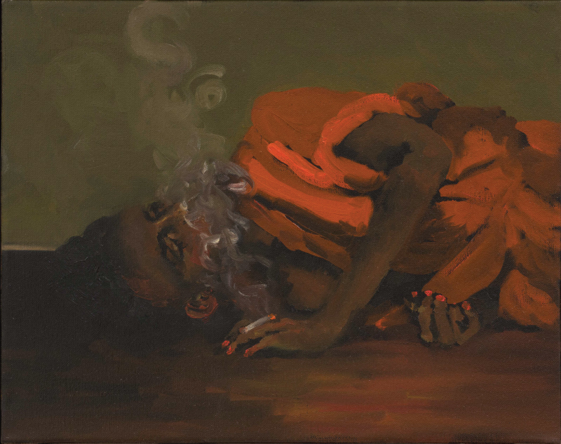 A painting of a Black woman in a vermillion colored robe laying on the floor smoking a cigarette.