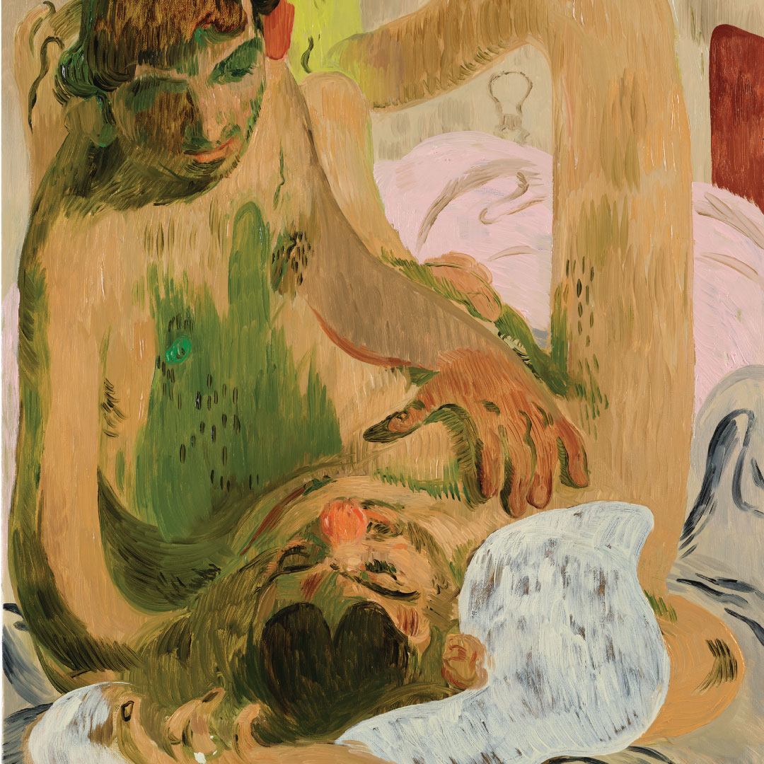 A painting of two men in bed together.