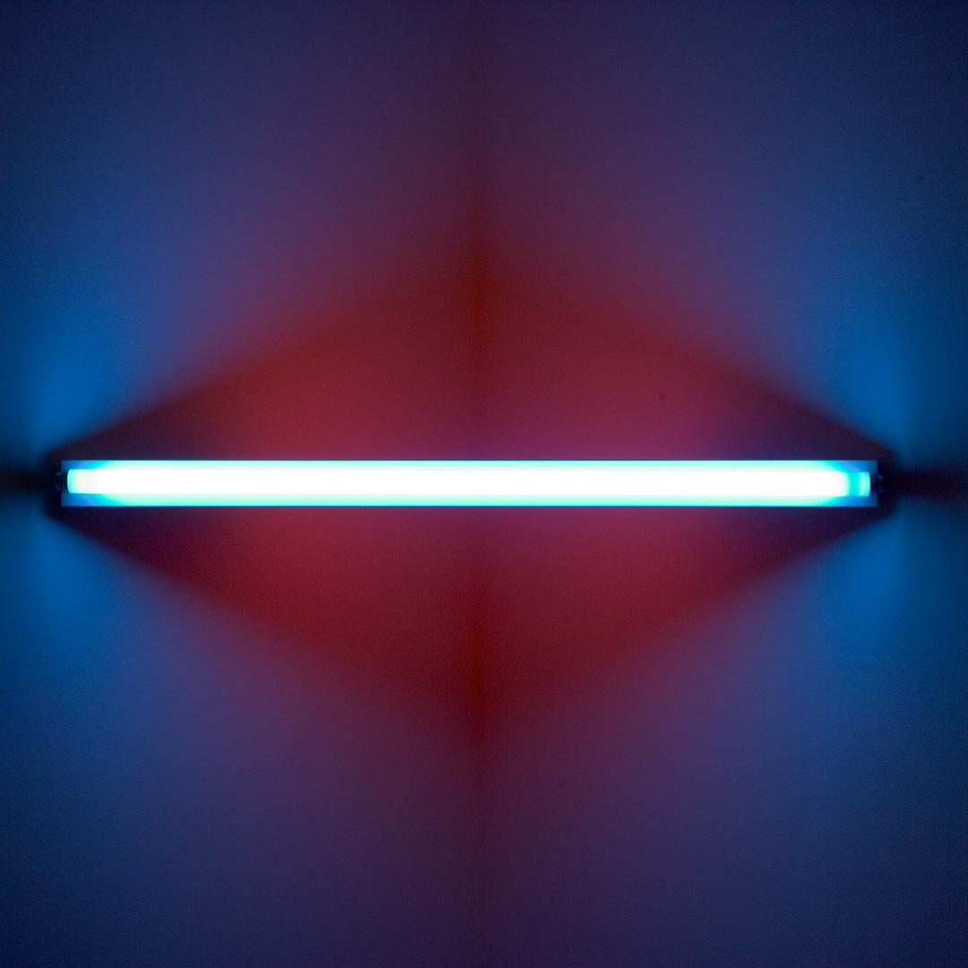 Installation image of a Dan Flavin light sculpture of a neon tube