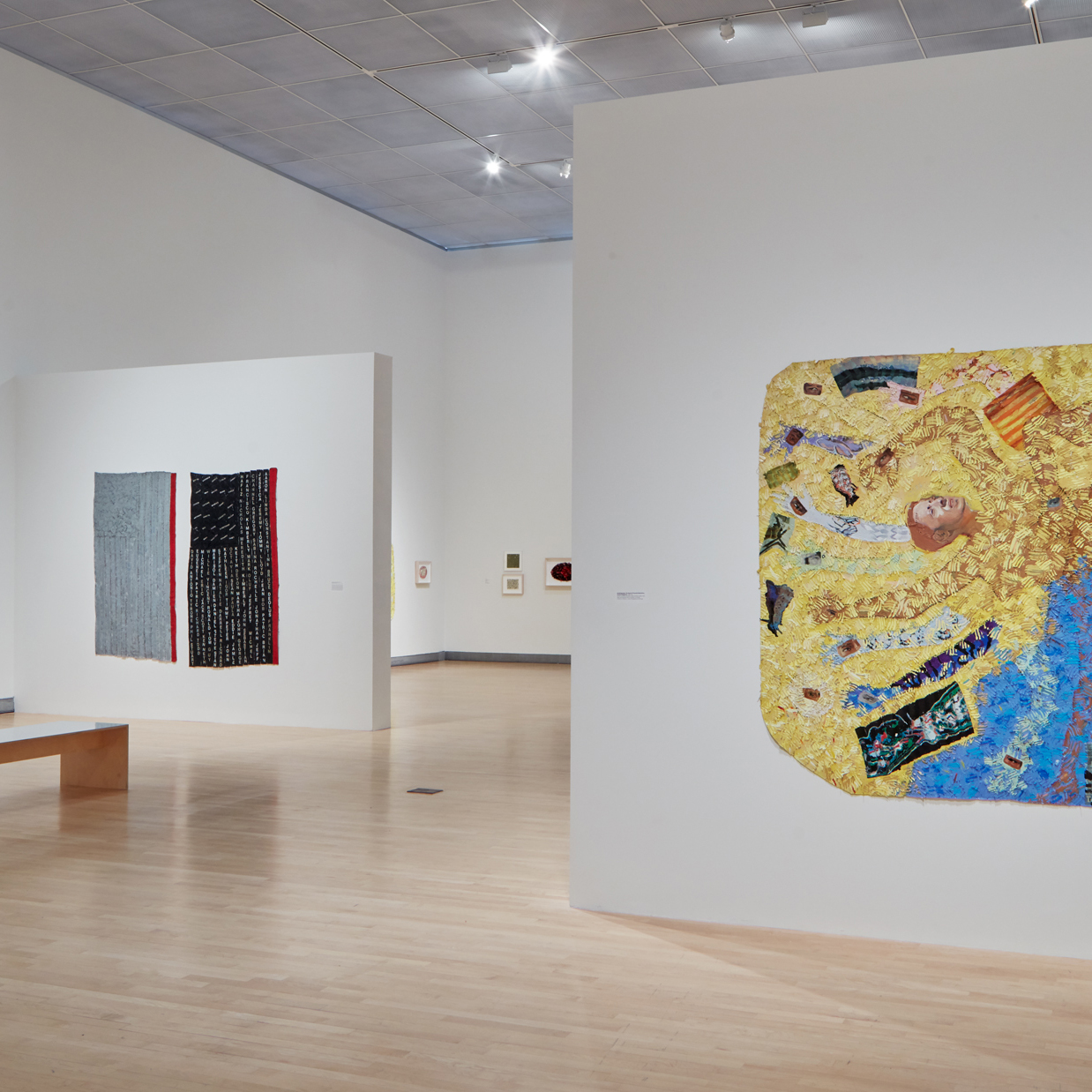 Installation view of the Rose Art Museum during the Howardena Pindell exhibition. 