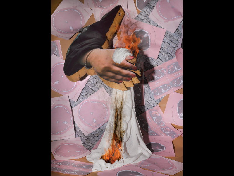 Mixed media collage with pink background and a hand wrapped in a white bandage on fire.