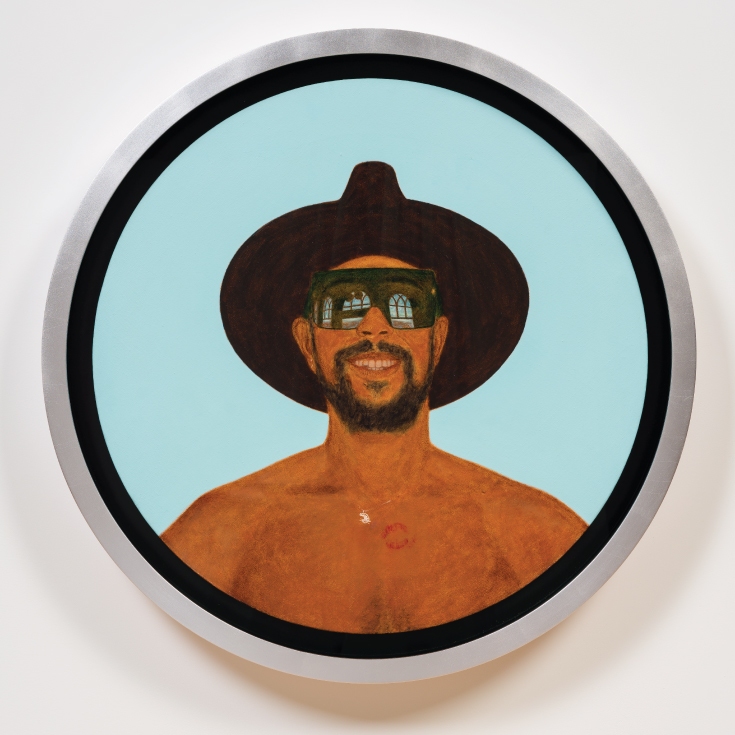 Circular self-portrait of Barkley L. Hendricks wearing sunglasses, a black hat, and a chain with a palette around his neck, with a blue background