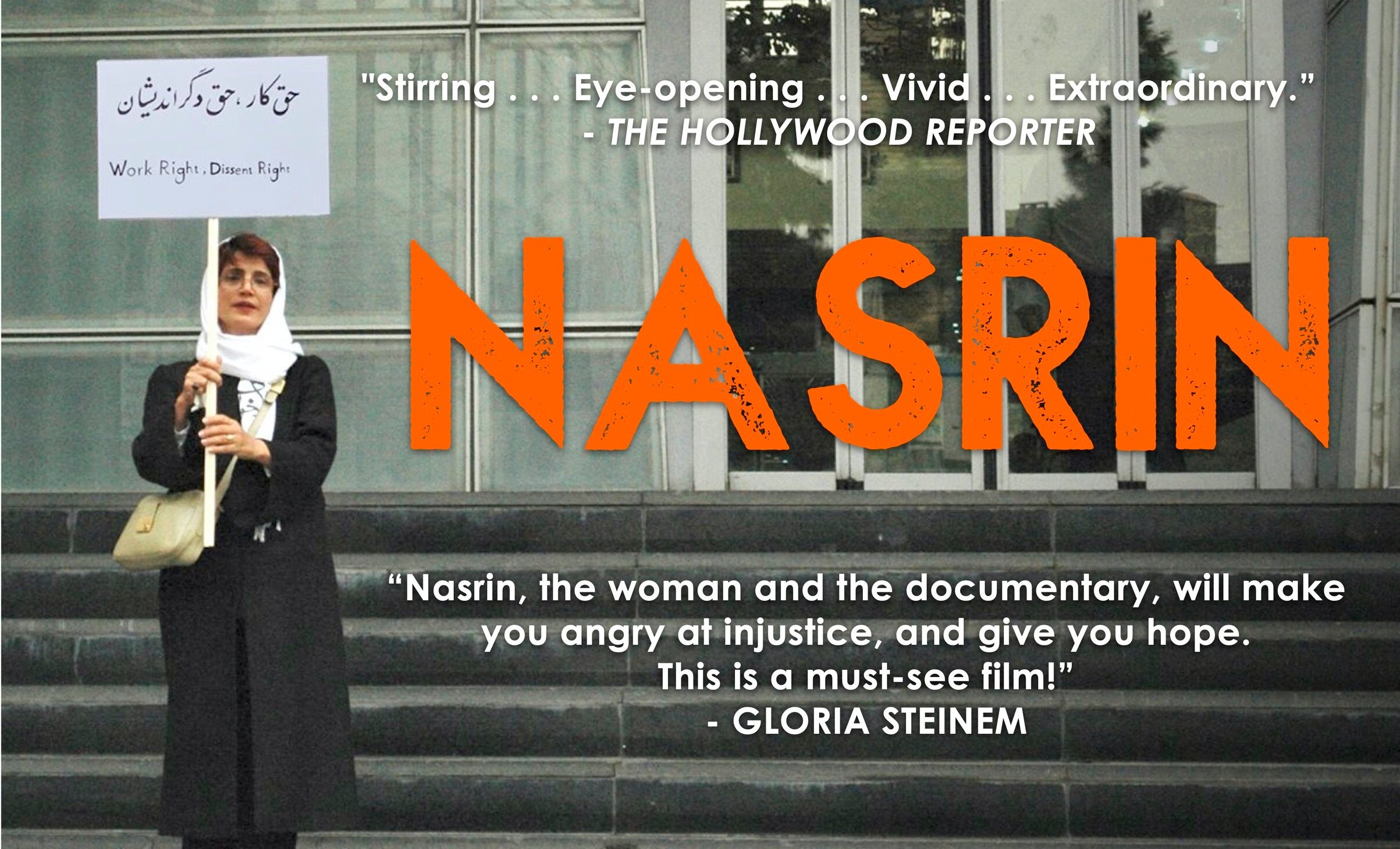 A woman in a hijab holding a protest sign with the words Nasrin