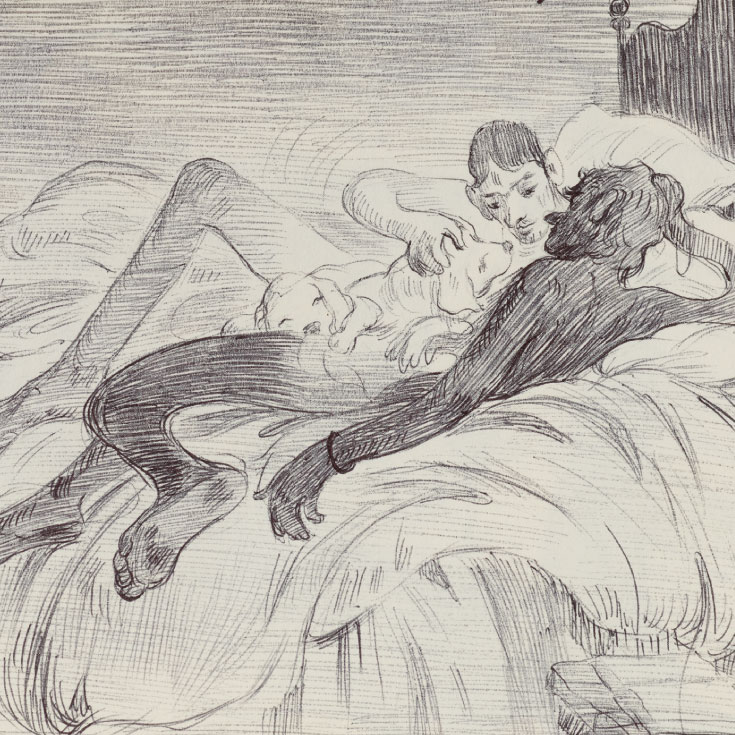 Detail from Salman Toor's notebook of a sketch of two boys on a bed with a dog.