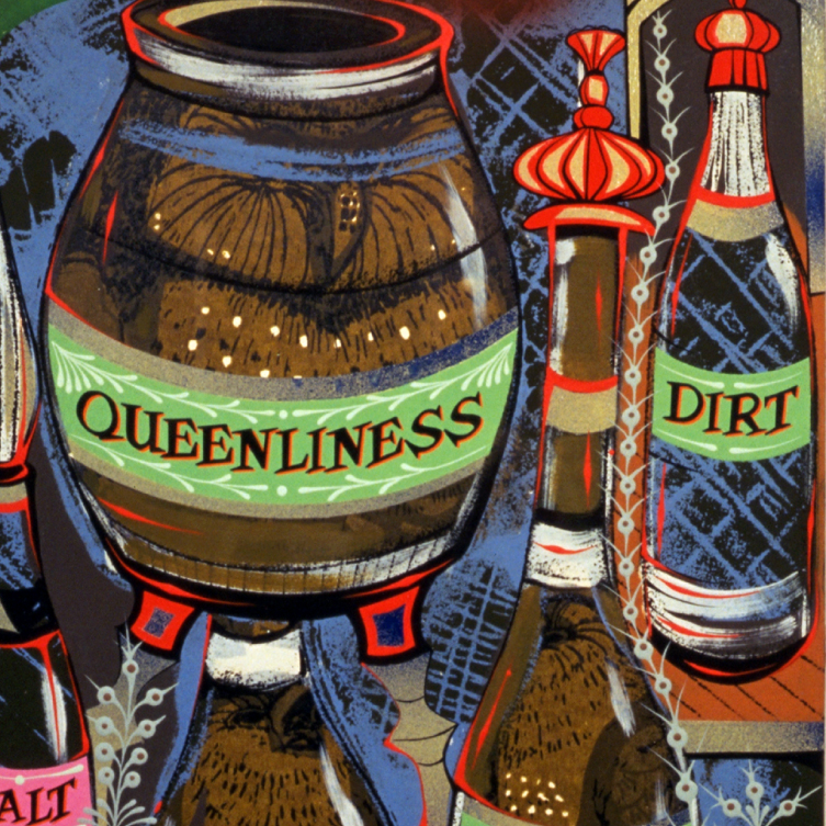 Painting by Lari Pittman that featured bottles labeled "Queenliness"