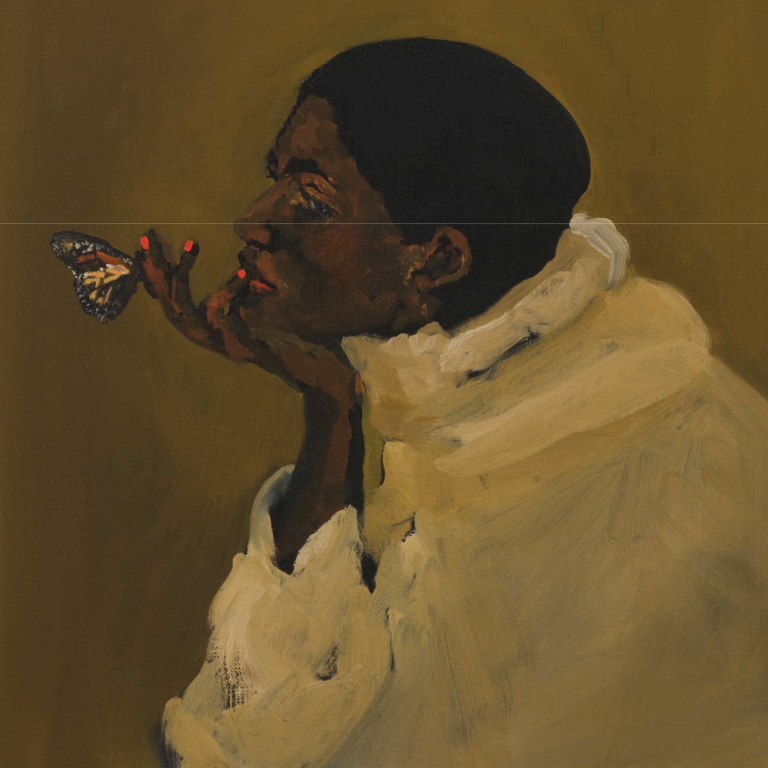 Painting of a black woman with a butterfly on her fingertips