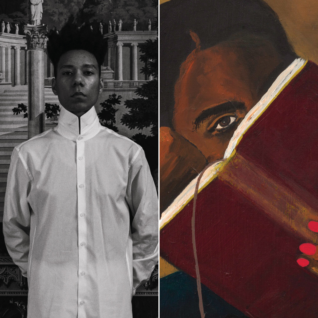 On the left: a Black and white photograph by C. Rose Smith, on the right: A detail of a painting by Danielle Mckinney