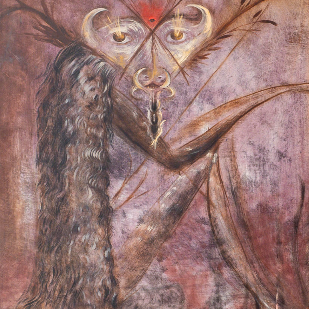 Detail from the Leonora Carrington painting "Sueño" that depicts hybrid insect like creatures.