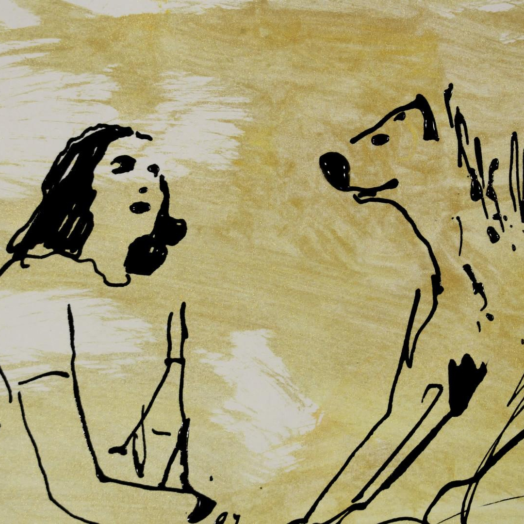 Film stills of a young girl talking to a hyena