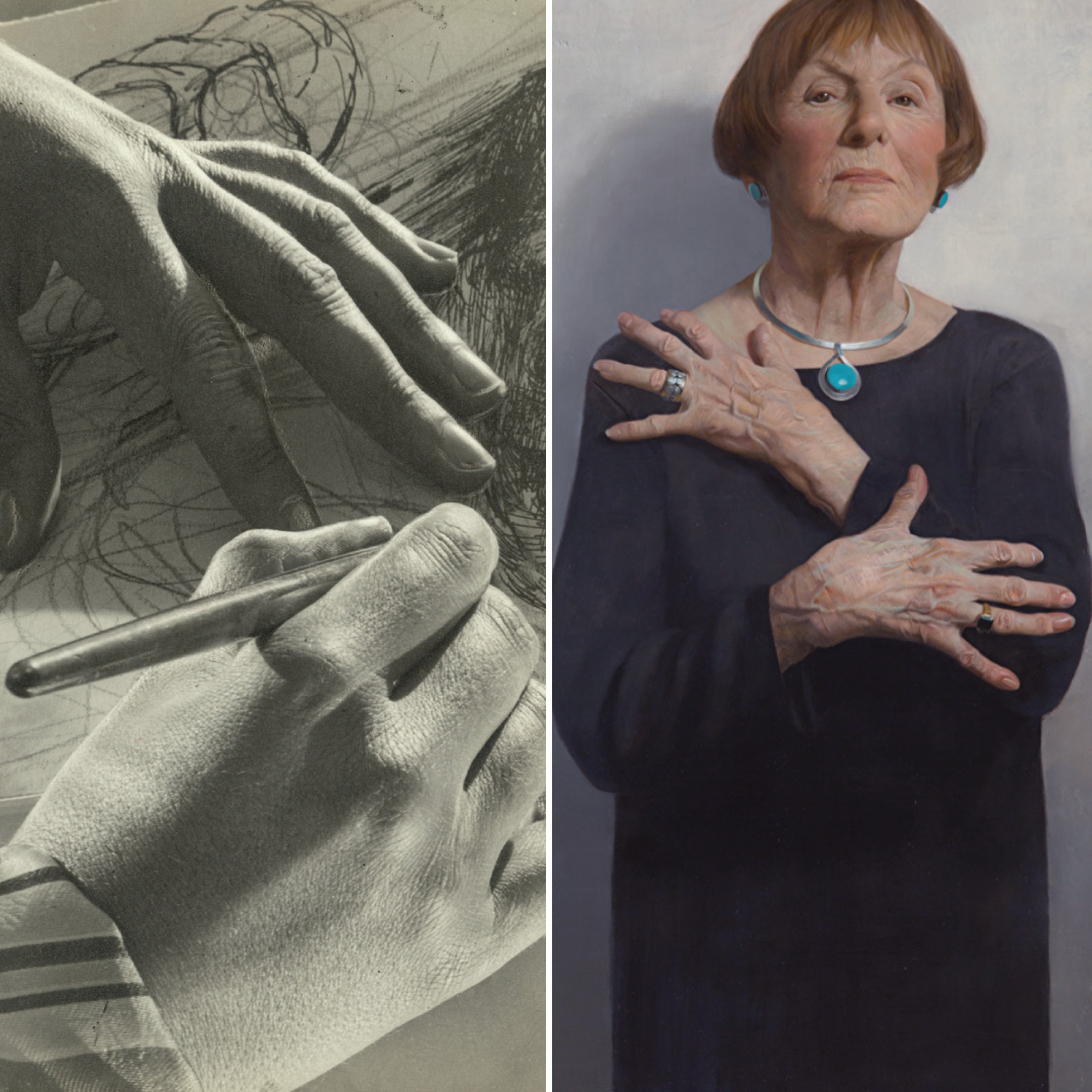 Photograph of a pair of hands drawing and a painting of a Holocaust survivor