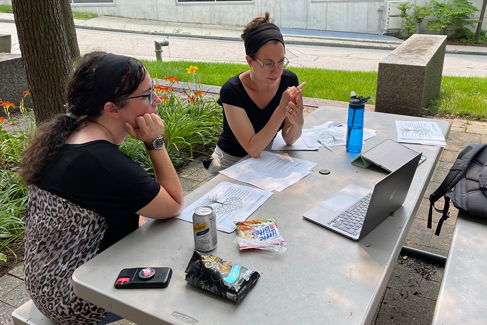 Prof. Ziva Hassenfeld and a teacher sit outside at a picnic table. They are looking at a laptop screen.