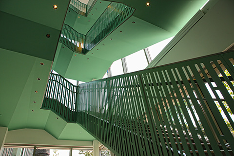 View of staircases looking up from lobby of Skyline Residence Hall
