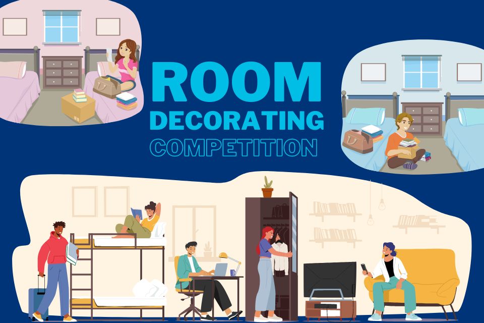 Brandeis blue background with lighter blue text in the center that reads "Room Decorating Competition" with several graphics of dorm rooms around it.