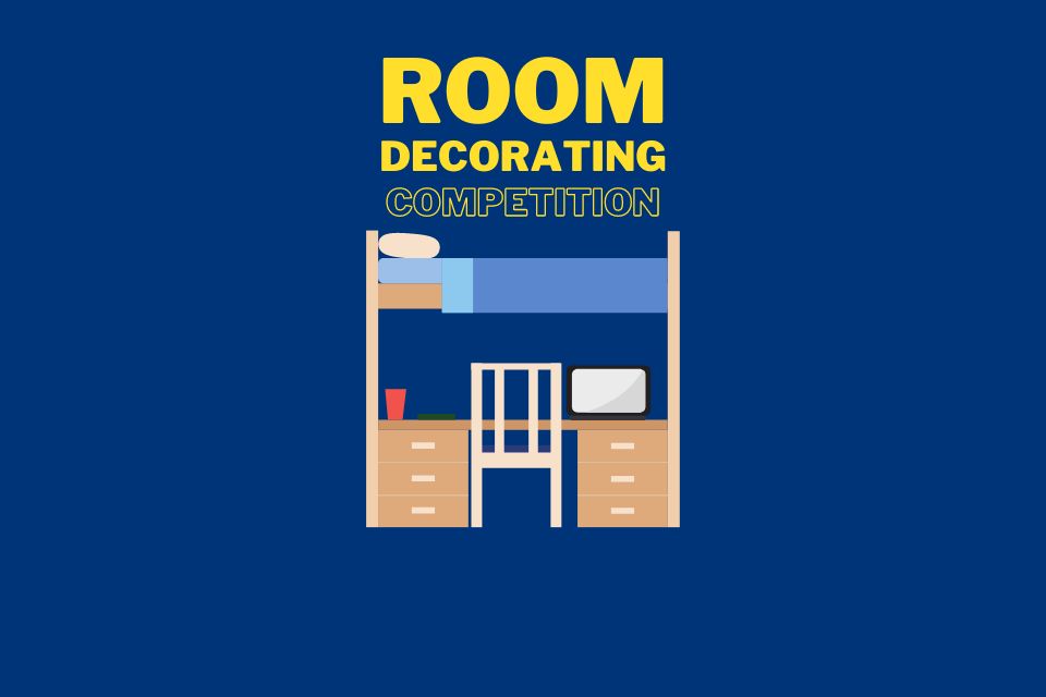 Dark blue background with yellow text that reads "Room Decorating Competition" with a graphic of a bunkbed below it.
