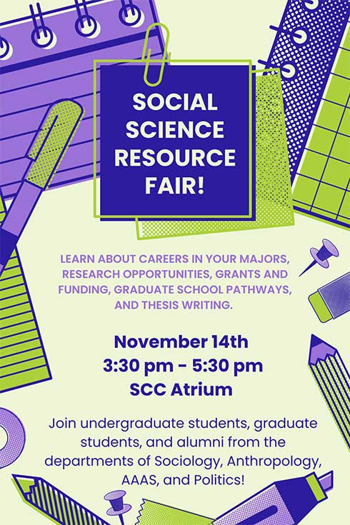 Social Science Resource Fair November 14th from 3:30pm to 5:30pm green and purple notebook and pen graphics