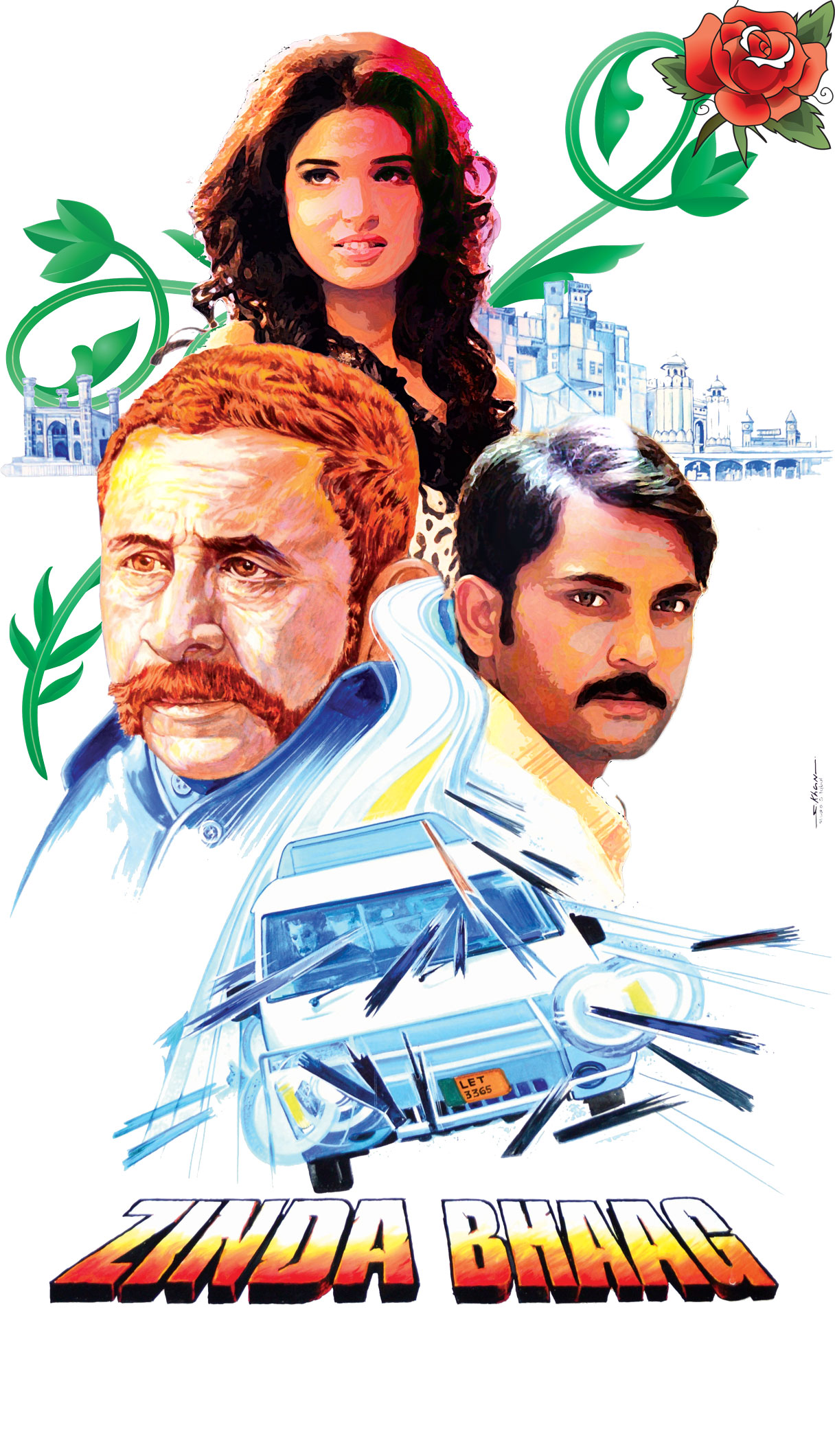 Two men and one woman illlustration with text that reads: Zinda Bhaag