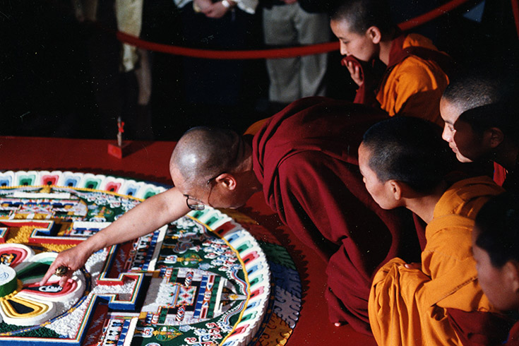 The Dalai Lama with the sand mandala created by the Students for a Free Tibet at Brandeis