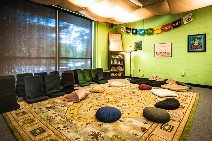 Green room with pillows and rug on floor