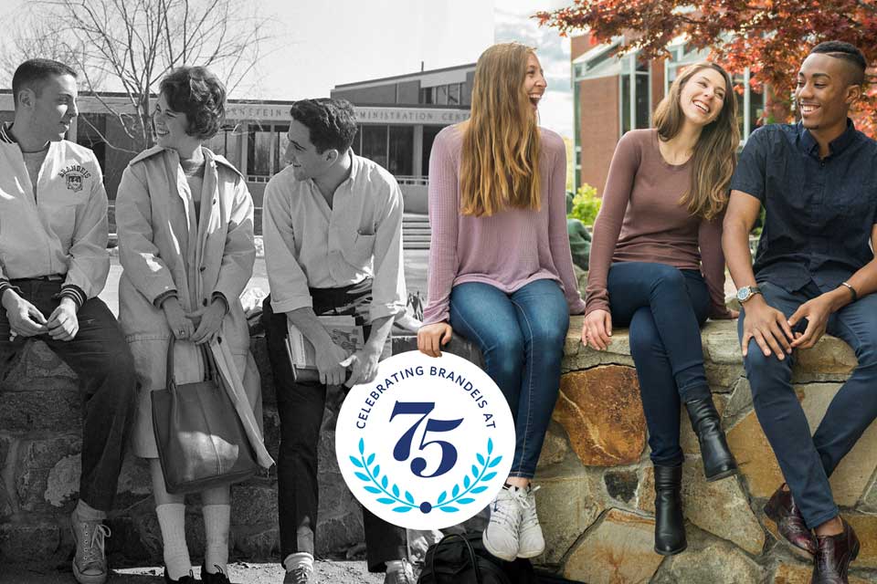 A then/now style image with an archival photo on the left and a current photo on the right. Both photos show students sitting on a wall