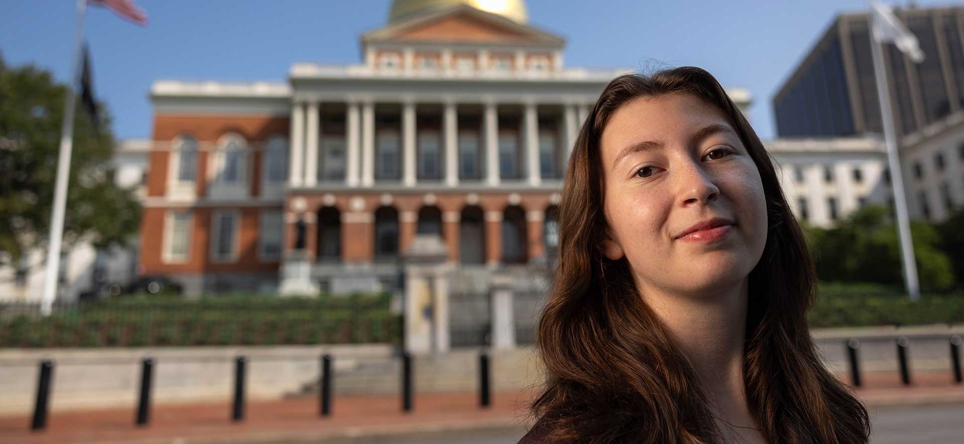 Aviva in front of the Massachusetts State House