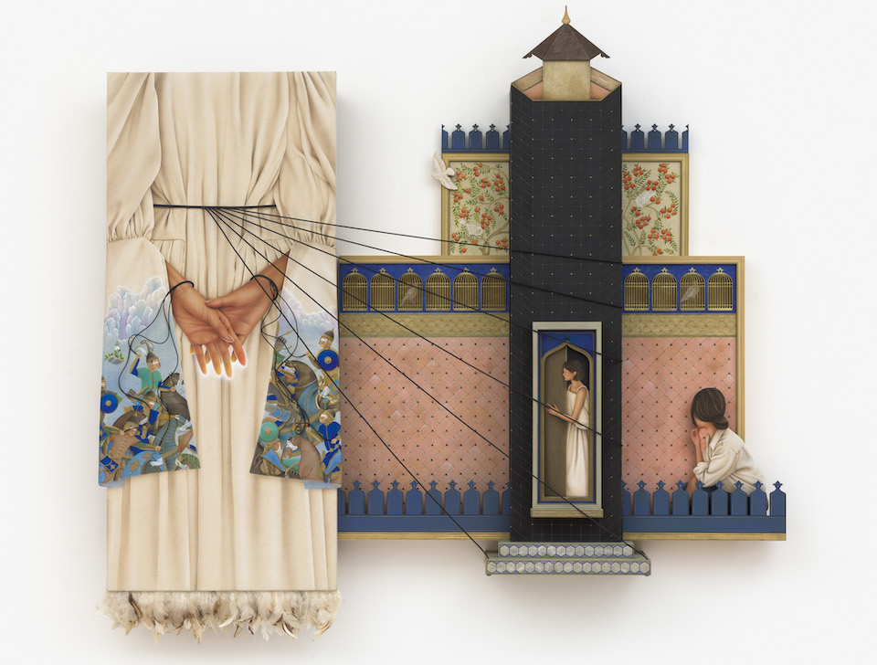 Arghavan Khosravi, The Battleground, 2022. Acrylic on canvas over shaped wood panel, on wood panel and wood cutout, elastic cord, metal and glass beads, feather, brass. 63 x 53 in. © Arghavan Khosravi. Image courtesy of the artist and Rachel Uffner G