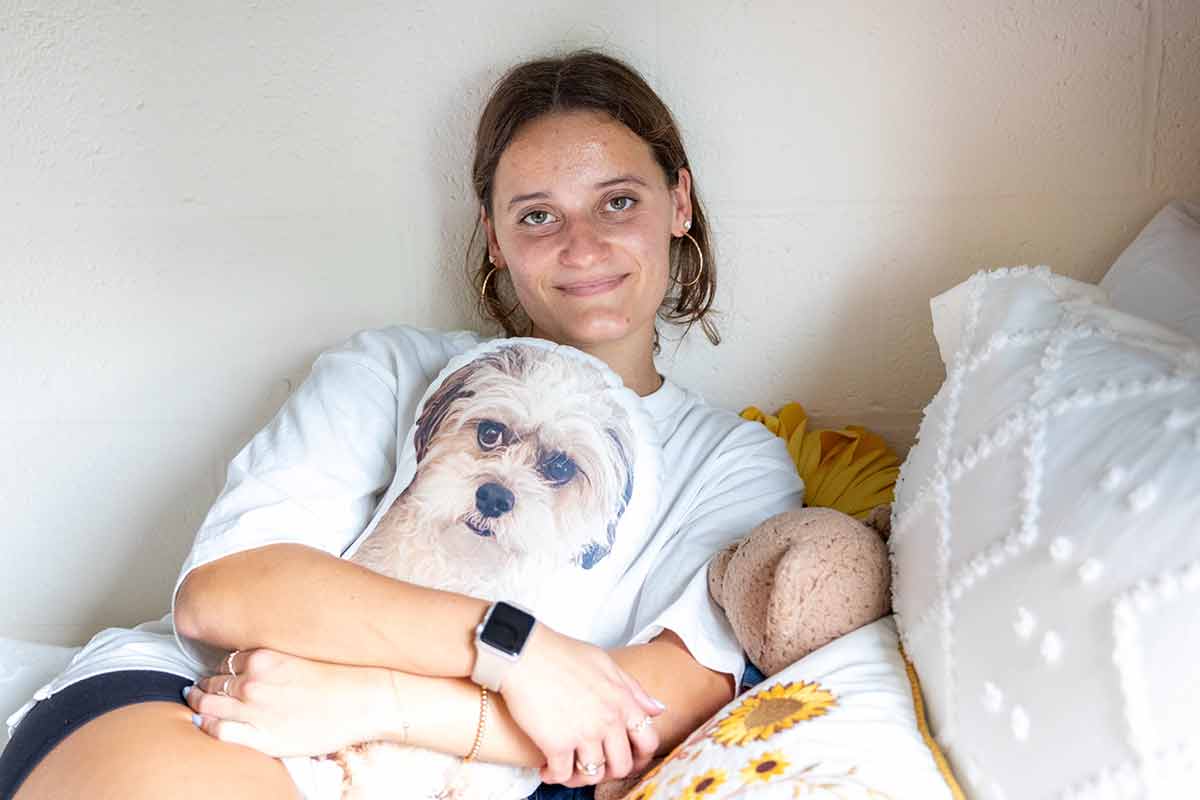 Person holding a dog pillow