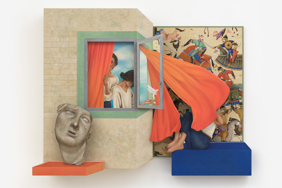 Arghavan Khosravi, The Orange Curtain, 2022. Acrylic on canvas over shaped wood panel, on wood panel. 64 1/2 x 49 in. © Arghavan Khosravi. Image courtesy of the artist and Rachel Uffner Gallery, New York.