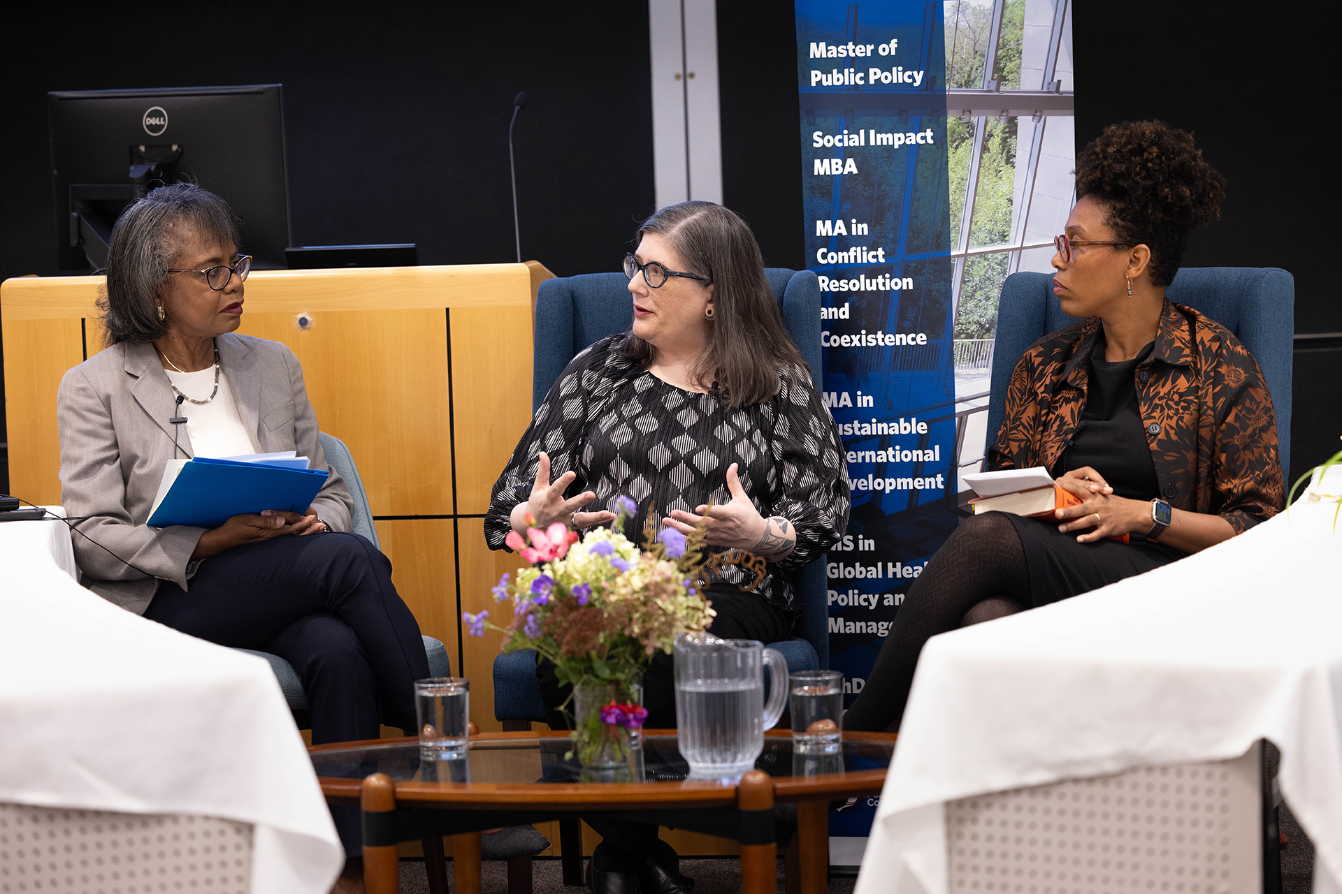 From left to right, University Professor Anita Hill, Professor Sarah Deer (The University of Kansas) and Professor Crystal Feimster (Yale University) speak during Slavery, Citizenship, and the Afterlife of Gender-Based Violence at the Heller School 
