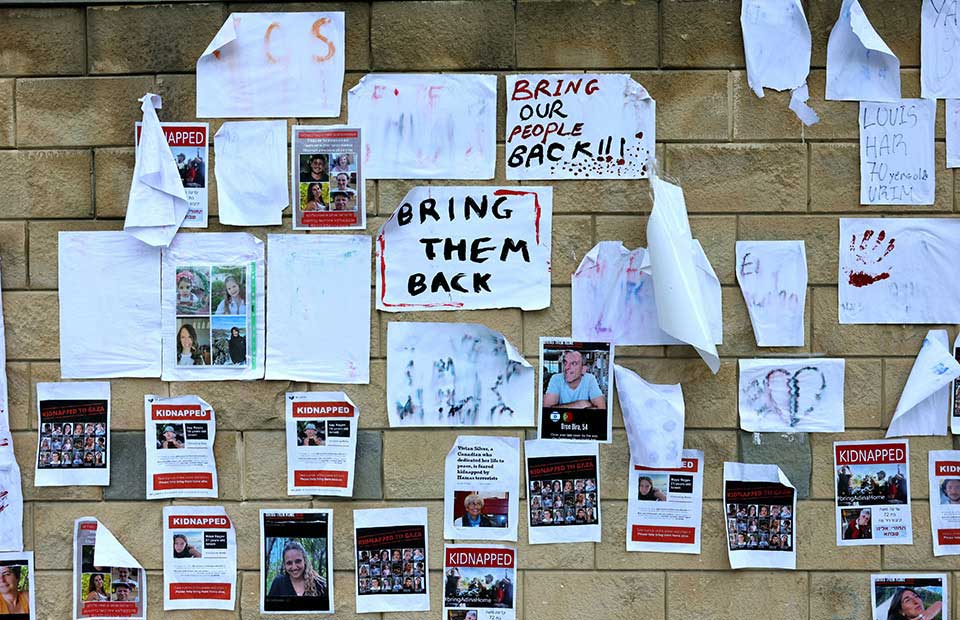 Images of Israeli hostages snatched by the Palestinian militant group Hamas last week in a surprise attack into Israel, plastered on a wall outside the Ministry of Defense in Tel Aviv on October 16, 2023.