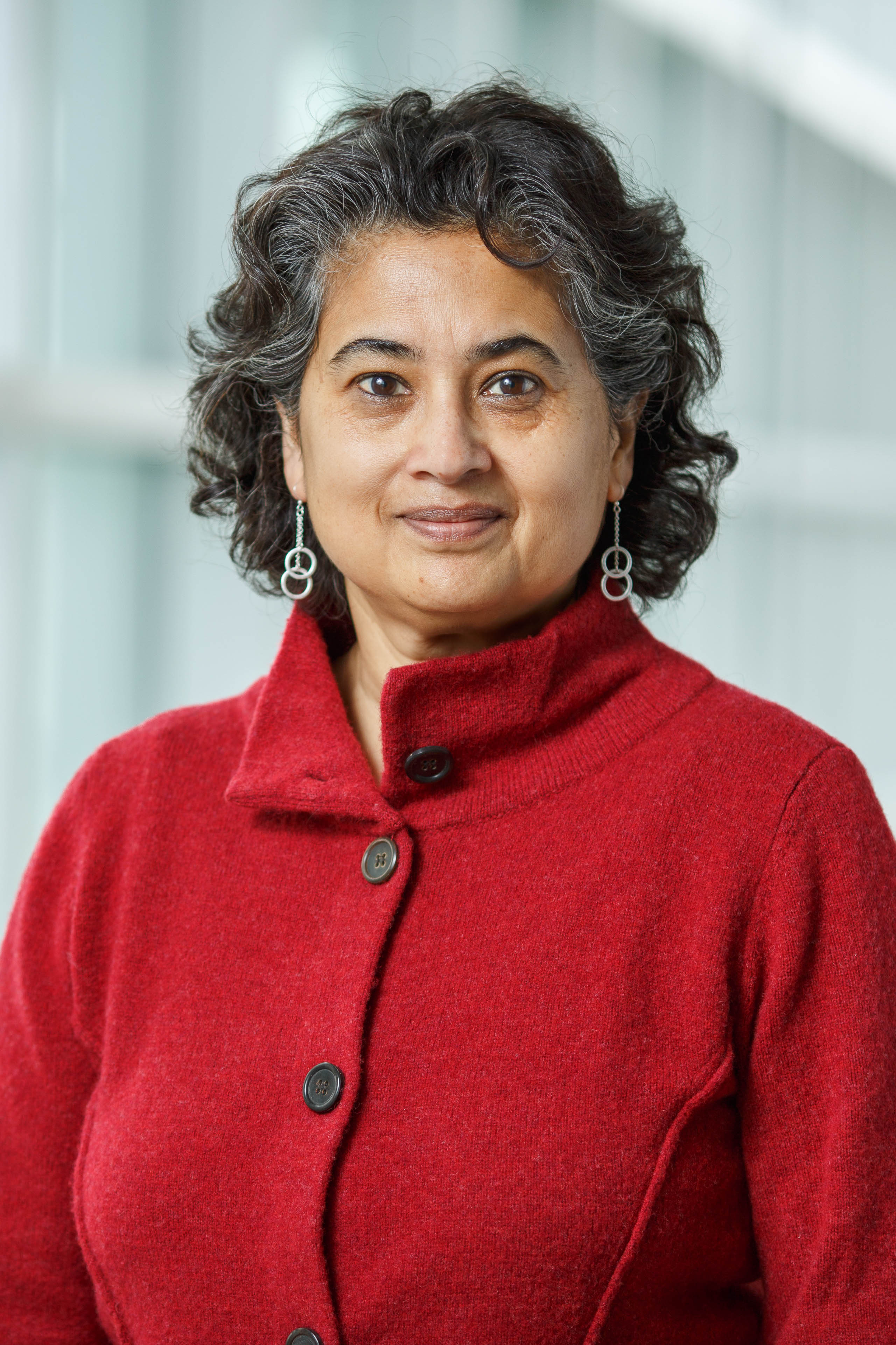 A head shot of Piali Sengupta facing directly into the camera. She has salt and pepper hair that reaches her shoulders, dangling silver earrings, and a bright red sweater with a high collar.
