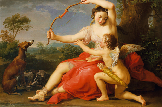 Painting of cupid reaching for a bow as woman holds it out of his reach