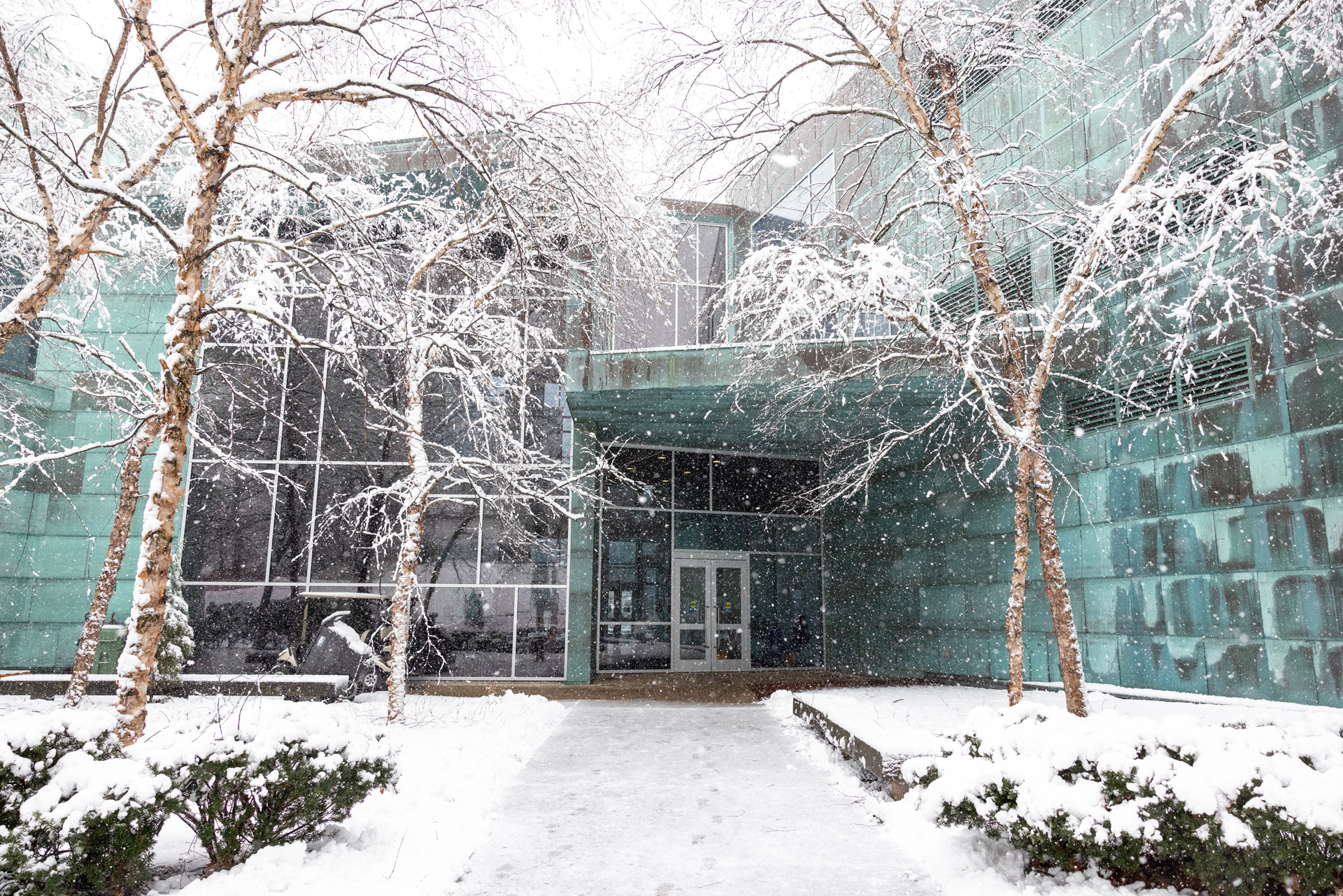 The Shapiro Campus Center is blanketed in snow