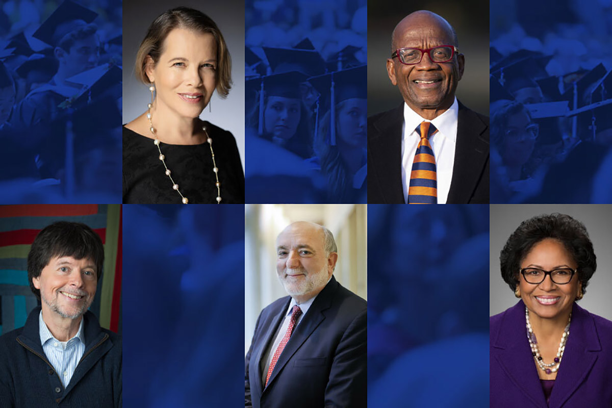 Headshots of Ken Burns, Ruth Halperin-Kaddari, Rabbi David Ellenson, Roy DeBerry and Ruth Simmons staggered on a blue and back textured background.