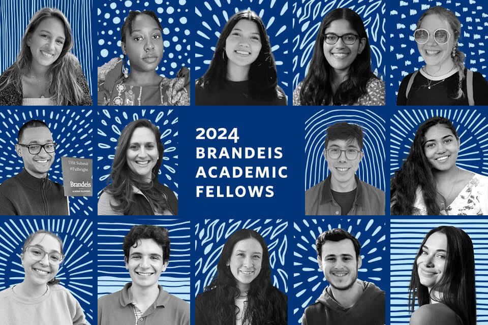 Black and white headshots of students on top of a grid of Brandeis blue squares with white squiggles in them, arranged around a block reading "2024 Brandeis Academic Fellows"