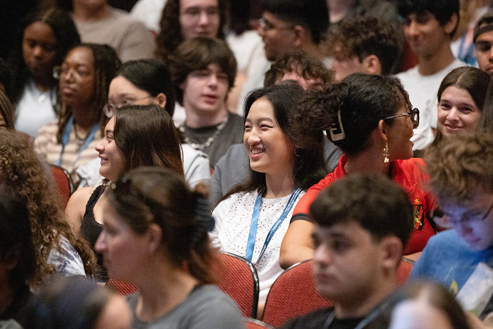 Students sit in the audience at the Hiatt Career Center Orientation event.