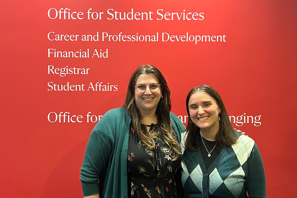Samantha Goldman ’14 and Esther Bistricer ’26 during a job shadowing event at Harvard’s T.H. Chan School of Public Health.