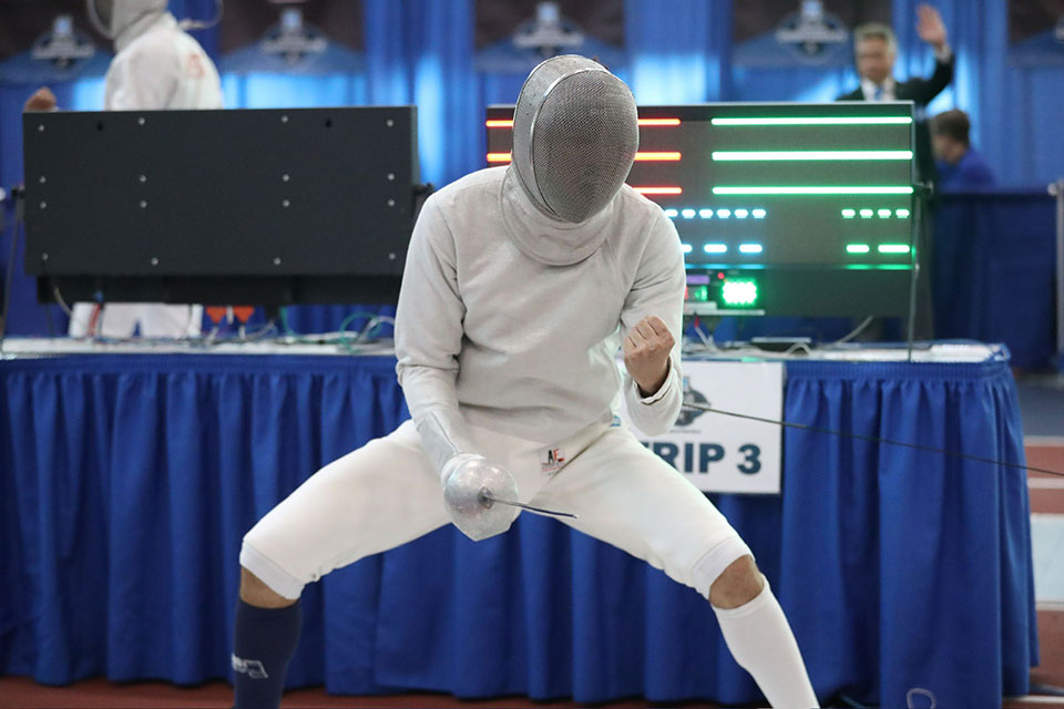 Lev BenAvram ’26 wearing fencing gear.