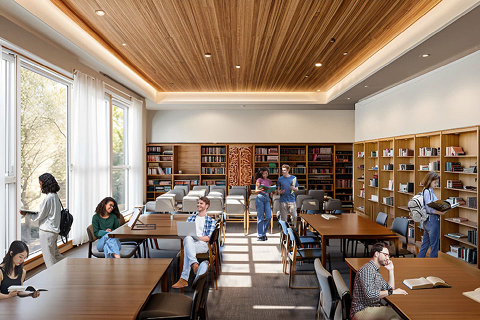 Interior rendering of a study space of the Center for Jewish Life