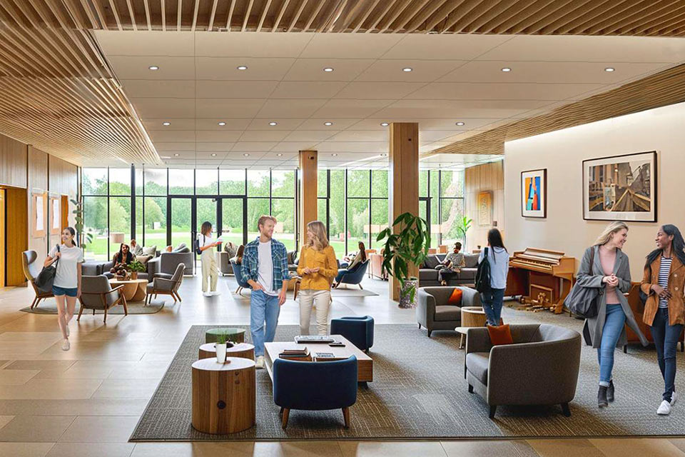 Interior rendering of a social space of the Center for Jewish Life