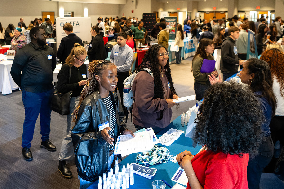 Students and employers fill the Sherman Function Hall for the All-Majors Career and Internship Fair.