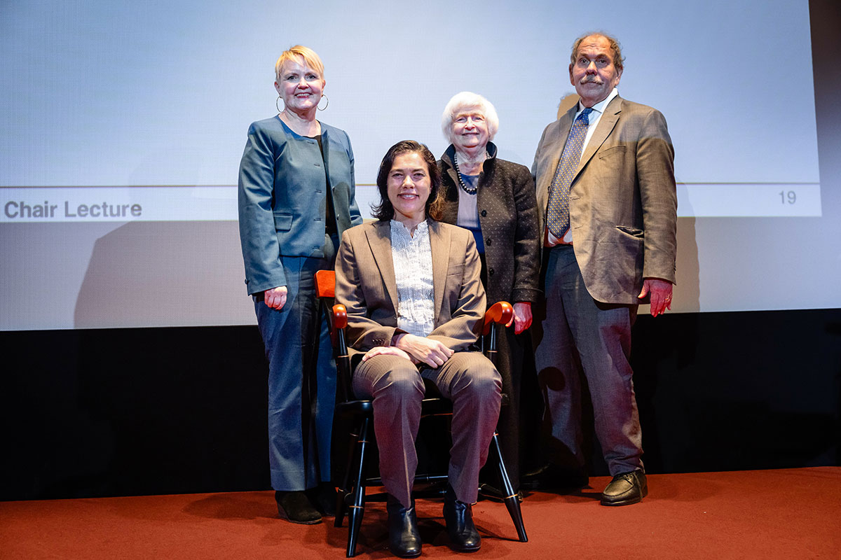 From left, inaugural Janet L. Yellen Distinguished Chair in Business donor Barbara Clarke, recipient of the chair Professor Anna Scherbina, Janet Yellen and Brandeis University President Arthur Levine