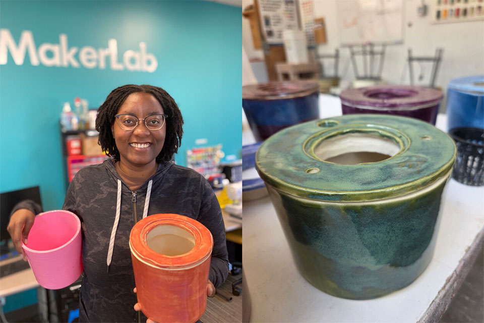 Left: Elinam Ladzekpo holds two ceramic vessels. Right: A green ceramic vessel